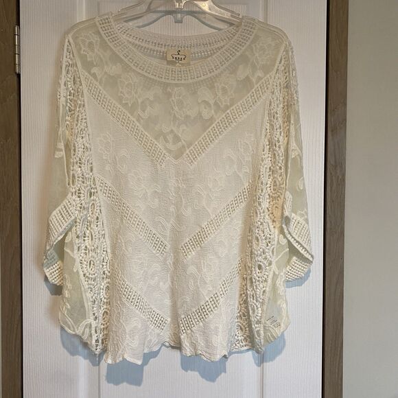 EMBER Boho Womens Tunic Creme Lace Sheer Floral Crochet L Festival Weekend Ready - Picture 1 of 12